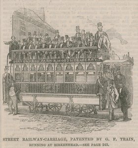 Pouliční železniční vagón, patentovaný G F Train, jezdící v Birkenhead od English School