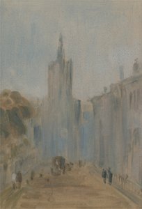 Ulice s kostelem a postavami dříve připisovaná J.M.W. Turner (1775-1851) a také připisován Peteru de Wint (1784-1849), 1822-25 (olej na papíře) od English School