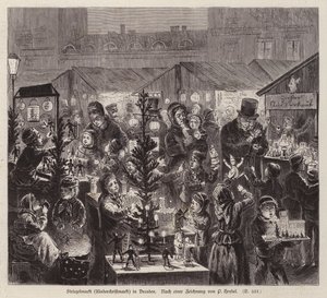 Vánoční trh Striezelmarkt, Drážďany, Německo (rytina) od English School