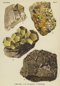 Sulfidy, markazit, pyrity železa, pyrhotin (barevná litografie) od English School