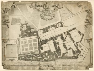 Průzkum a půdorys královského paláce Whitehall, 1680, s ubytováním a apartmány patřícími jejich Veličenstvu od English School