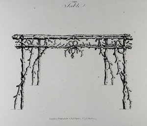 Stůl, z „Grotesque Architecture, or Rural Amusement“, od Williama Wrighta, publikoval 1768 (rytina) (černobílá fotografie) od English School