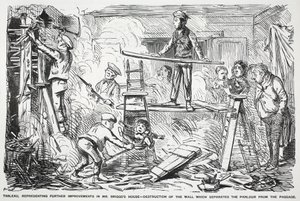 Tableau, představující další vylepšení domu pana Briggse - zničení zdi, která odděluje salon od průchodu, ilustrace z Punch od English School