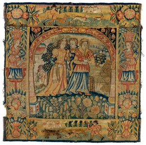 Gobelínový povlak na polštář zobrazující Susannah na cestě do koupele, vyrobený v Sheldonu v Anglii, po roce 1600 (vlna) od English School