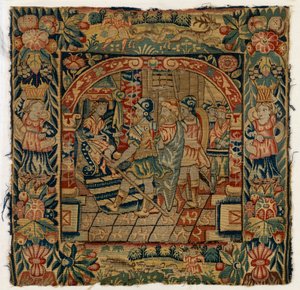 Gobelínový povlak na polštář s vyobrazením The Elders před Danielem, vyrobený v Sheldonu v Anglii, po roce 1600 (vlna) od English School