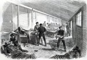 Dočasná polní nemocnice za druhou pruskou paralelou v Dueppel, 1864 od English School
