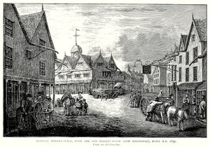 Tetbury Market-Place se starou tržnicí (nyní zničenou), postavenou roku 1655 (rytina) od English School