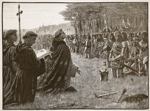 Díkůvzdání anglické armády po bitvě u Agincourtu, 25. října 1415, ilustrace z Cassells Illustrated History of England (sépiová fotografie) od English School