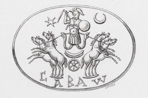 Abraxas-bůh v autě Phoebus (rytina) od English School