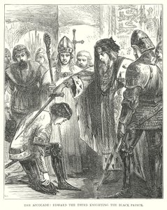 Vyznamenání: Eduard III. pasuje Černého prince na rytíře (rytina) od English School