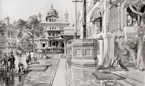Akal Takht nebo Akal Bunga, komplex Harmandir Sahib (Zlatý chrám), Amritsar, Paňdžáb, Indie v roce 1864, z Hutchinsonovy Historie národů, vyd. 1915. od English School