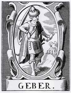 Alchymista Geber (14. století) ilustrace z Vědy a literatury ve středověku a renesanci, napsal a vyryl Paul Lacroix, 1878 od English School