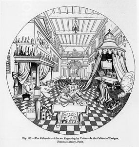 Alchymista, podle rytiny od Vriese, ilustrace z Vědy a literatury ve středověku a renesanci, napsal a vyryl Paul Lacroix, 1878 od English School