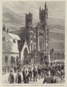 Americká oslava stého výročí, průvod templářských rytířů před zednářským chrámem, Philadelphia (rytina) od English School