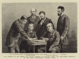 Přístup k britským a ruským hranicím v Asii, ruští a anglo-indičtí delegáti na nedávném geografickém kongresu v Benátkách (rytina) od English School