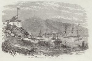 Příjezd britské vlajkové lodi Kalkata do Bogue Forts od English School