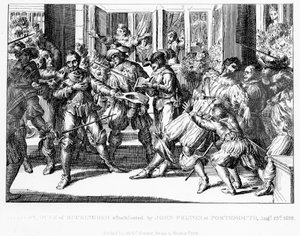 Atentát na George Villierse, 1. vévodu z Buckinghamu, kolem roku 1822 od English School