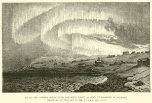 Aurora Borealis neboli polární záře, jak je vidět v Bossekop ve Finmarku (Norsko), dne 21. ledna 1839 v 18 hodin od English School