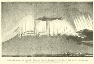 Aurora nebo Northern Light, jak je vidět na Bossokop ve Finmarku, 19. ledna 1839, v 19:40, na jižní straně oblohy od English School