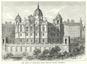 Bank of Scotland, z Princes Street Gardens (rytina) od English School
