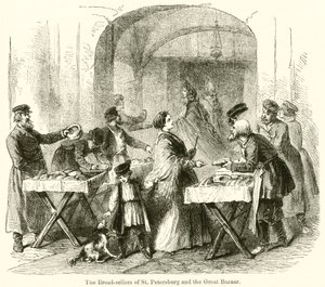 Petrohradští prodavači chleba a Velký bazar (rytina) od English School