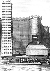 Cihlová věž a Musculus v obležení Marseille, vyryl Cornelis Huyberts, ilustrace z Caesars Commentaries přeložil do angličtiny William Duncan, publikoval 1753 od English School