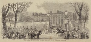 Nevěsta a ženich opouštějí palác svatého Jakuba po svatbě (rytina) od English School