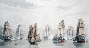 Britská peruť pod velením kapitána Charlese Marshe Schomberga a francouzská peruť pod velením komodora Roqueberta, Becalmed krátce po zahájení akce u Madagaskaru, 20. května 1811 (barevně lito) od English School