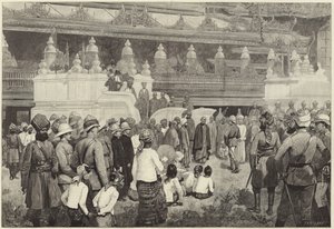 Buddhistický arcibiskup z Barmy přijímá sira Fredericka Robertse v klášteře v Mandalay od English School