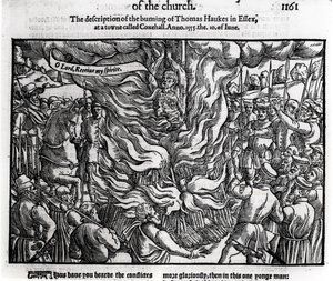 Upálení Thomase Haukese, 10. června 1555, z knihy „Skutky a pomníky“ od Johna Foxe (1516-87) 1563 od English School
