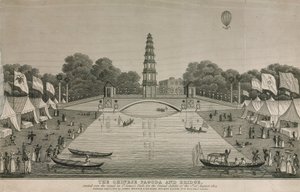 Čínská pagoda a most postavený přes kanál v parku St Jamess při příležitosti Velkého jubilea v roce 1814. od English School