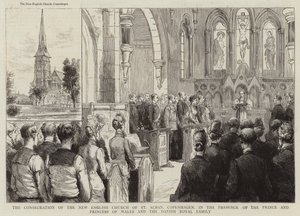 Zasvěcení novoanglického kostela St Alban, Kodaň, za přítomnosti prince a princezny z Walesu a dánské královské rodiny (rytina) od English School