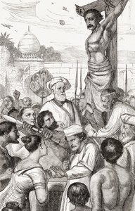 Ukřižování karenské mučednice z Barmy, kolem roku 1865 (dřevoryt) od English School