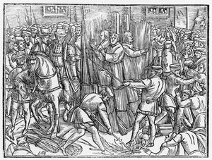 Smrt a upálení nejslavnějších Kristových mučedníků, doktora Roberta Barnse, Tomáše Garreta a Williama Hieroma, ve Smithfieldu v roce 1541, z knihy "Acts and Monuments" od Johna Foxe (1516-87). od English School