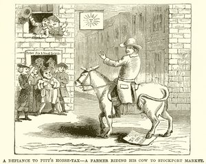 The Defiance to Pitts Horse-Tax - Farmer jedoucí na své krávě na Stockport Market od English School
