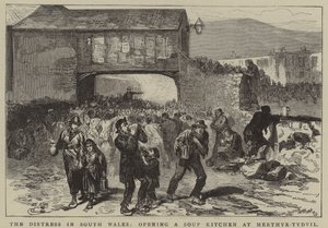 Nouze v jižním Walesu, otevření polévkové kuchyně v Merthyr-Tydvilu (rytina) od English School