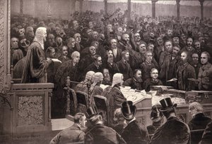 Divize v Dolní sněmovně pro irskou otázku samosprávy, „Ayes; 311, Noes; 341“, z „The Illustrated London News“, 6. prosince 1886 od English School