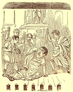 Konec Julia Caesara, ilustrace z Komiksové historie Říma od Gilberta Abbotta a Becketta, vydaná kolem roku 1850 (digitálně vylepšený obrázek) od English School