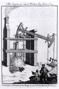 The Engine to Raise Water by Fire, diagram Newcomenova parního stroje pro Universal Magazine, 1747 od English School