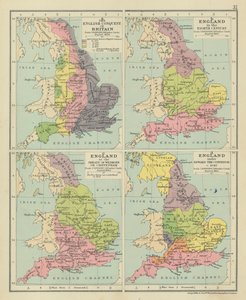 Anglické dobytí Británie. Anglie v osmém století. Anglie při Wedmorské smlouvě nebo Chippenhamu (barevná litografie) od English School