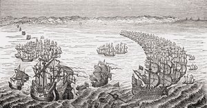 Anglická flotila, které velel sir Francis Drake, útočící na španělskou armádu v roce 1588, z knihy „Stará Anglie