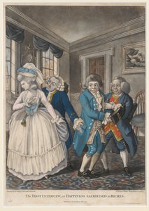První rozhovor aneb štěstí obětované bohatství, 1784 (ručně kolorovaná mezzotinta) od English School