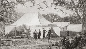 První presbyteriánská církev, Miami, Florida, Spojené státy americké na konci 19. století. Kostel, založený reverendem Henrym Keigwinem v roce 1896, začal v restauraci s hrubým prknem, než se bohoslužby přesunuly do stanu. Z vydavatelství The Strand Magazi od English School