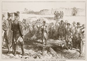 Francouzští komisaři přicházejí léčit kapitulaci Pondicherry, ilustrace z Cassells Illustrated History of India od Jamese Granta, hospoda. 1879 od English School