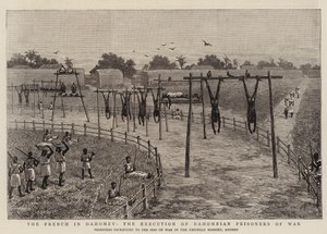 Francouzi v Dahomey, poprava dahomejských válečných zajatců (rytina) od English School