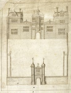 The Front of Wilton House, detail z Survey of Lands pro 1. hraběte z Pembroke, 1566 (pero a inkoust na pergamenu) od English School