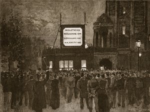 Všeobecné volby v roce 1892: vyhlášení výsledků v Národním liberálním klubu, ilustrace z Cassells Illustrated History of England (sépiová fotografie) od English School