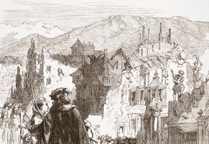 Ženevani ničí předměstí svého města, ilustrace z Historie protestantismu od Jamese Aitkena Wylie (1808-1890), hospoda. 1878 od English School