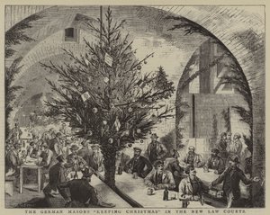Němečtí zednáři "slavící Vánoce" v Novém soudním dvoře (rytina) od English School
