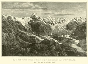 Ledovcový systém Mount Cook, v jižních Alpách Nového Zélandu od English School